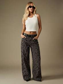 MISSGUIDED Mid Rise Baggy Leopard Print Denim Wide Leg Jeans For Casual Everyday Streetwear Fashion - Grey - View 5