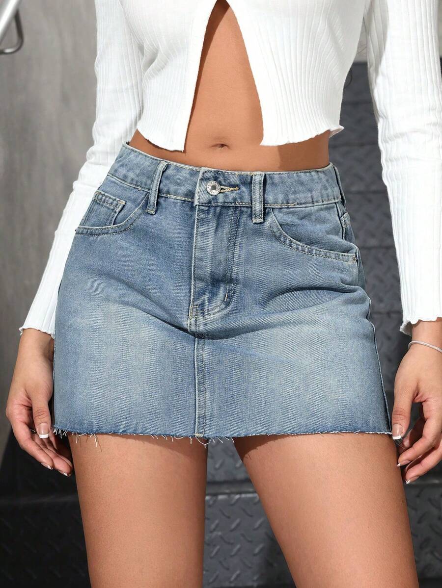 SHEIN ICON 女士纯色简约休闲牛仔迷你裙 - 淺色水洗藍 - 查看 1
