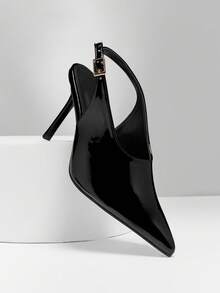 SHUZIA Women's Elegant Point Toe Back Strap Patent PU Pumps - Black - View 4