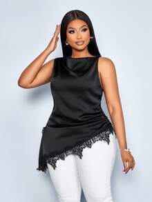 SOLERSUN 女士简约优雅高领黑色蕾丝边拼接不对称下摆无袖时尚缎面衬衫 - 黑色 - 查看 1