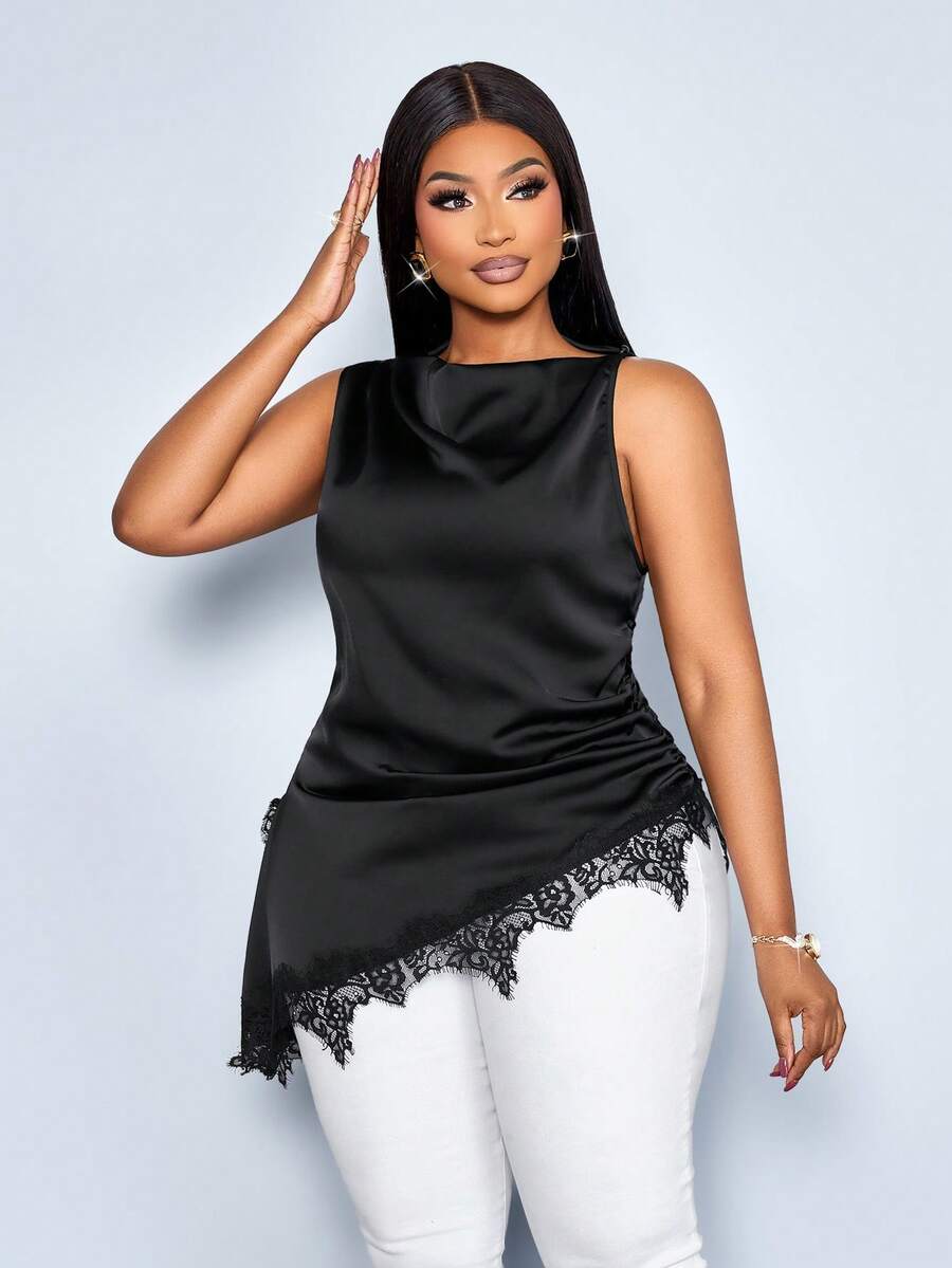 SOLERSUN 女士简约优雅高领黑色蕾丝边拼接不对称下摆无袖时尚缎面衬衫 - 黑色 - 查看 1