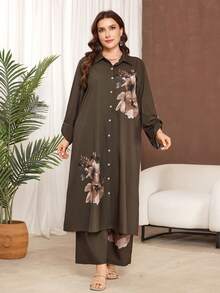 Lacomfia Women's Floral Print Plus Size Shirt And Wide Leg Pants Two Pieces Set, Casual And Minimalist, Plus Size - Multicolor - View 3