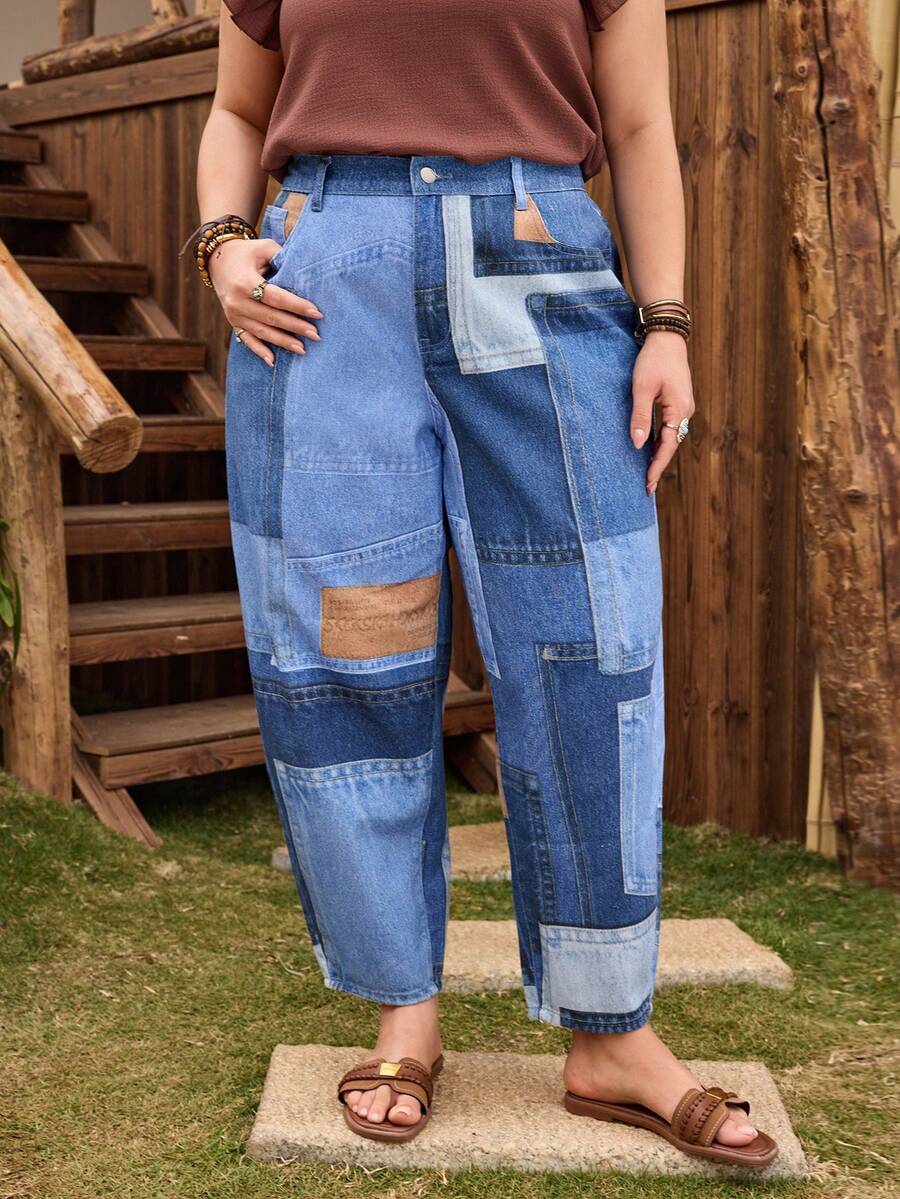 EMERY ROSE Quần Harem denim không co giãn màu xanh nhạt thoải mái, dáng rộng dành cho nữ cỡ lớn - Rửa nhẹ - Xem 1