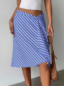 Aloruh 女士时尚优雅黄色条纹不对称超低腰斜裁及膝修身喇叭裙，适合度假和日常穿着 - 藍白色 - 查看 4