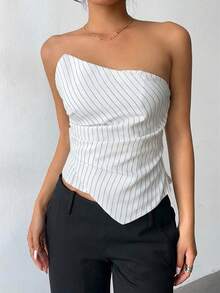 Aloruh Damen Herbst/Winter Neu Pendler Alltags Tragen Taille Raffung Eng Asymmetrisch Plissee Gestreift Dunkelgrau Top - Weiss - Übersicht 8