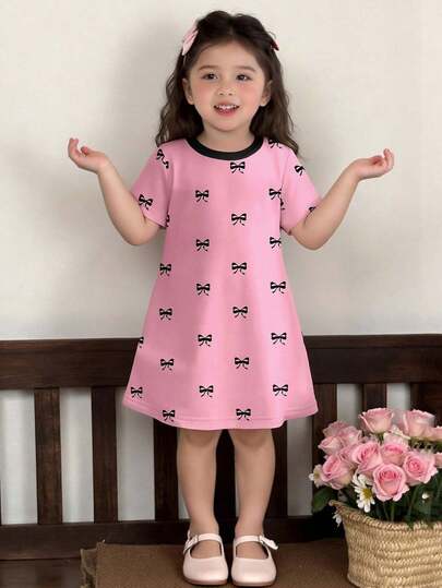 Vestido de manga corta con estampado de lazo rosa, apropiado para primavera y verano, vestido dulce y lindo, tops lindos, apropiado para fiestas y picnics