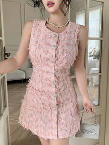 Modelyn Women's Elegant Textured Front Button Sleeveless Dress, Summer - Pink - View 3