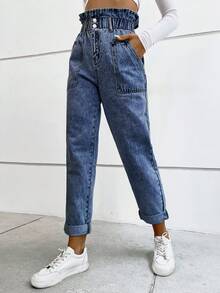 Flexra 女士休闲弹力腰纸袋腰斜插口袋修身牛仔裤 - 深色水洗藍 - 查看 6