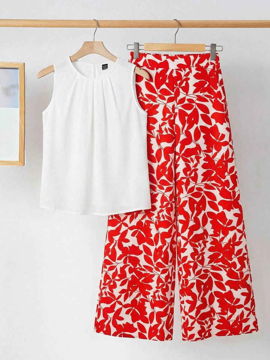 SHEIN Clasi 夏季优雅女士黑色翻领褶裥背心和弹力印花长裤两件套，适合各种场合穿着 - 紅白色 - 查看 1