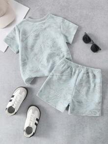 SHEIN Genkimix Kids 男童休闲纯色T恤+短裤两件套，适合日常穿着、上学、旅行、户外玩耍、夏季穿着。 - 淺藍色 - 查看 3