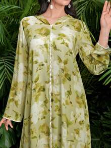 Al Najma Women's Elegant Arabic Floral Print Long Sleeve Chiffon Ruffle Hem Dress, Spring/Summer - Green - View 1