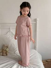DAZY Young Girl Striped Round Neck Ruffle Trim Short Sleeve Top And Wide Leg Pants Casual Loungewear Set - Pink - View 4