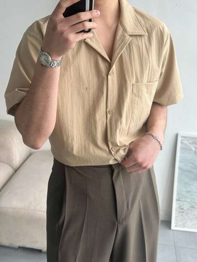 DAZY Camisa de manga corta de color liso caqui para hombre, verano