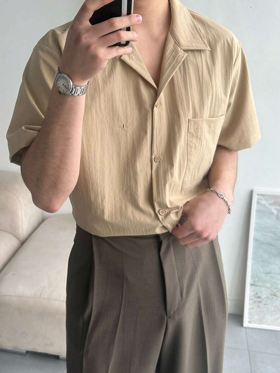 男士纯色卡其色短袖衬衫，夏季 - 卡其色 - 查看 1