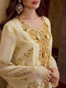 ZEYLAH WOMEN'S ELEGANT JACQUARD V-NECK CONTRAST SEQUIN EMBELLISHED FLARE SLEEVE LOOSE ARABIC STYLE DRESS - Gold - View 2