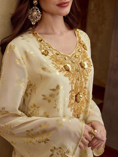 ZEYLAH 女士优雅提花V领撞色亮片装饰喇叭袖宽松阿拉伯风格连衣裙