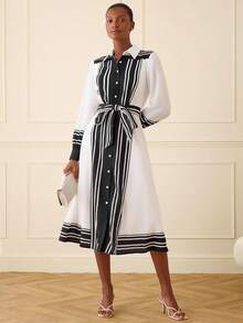 Lilora 女士休闲通勤撞色条纹印花长袖系带衬衫裙，春秋季 - 白色 - 查看 6