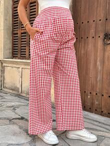 Modmama 格子印花休闲百搭孕妇阔腿裤 - 紅色 - 查看 4