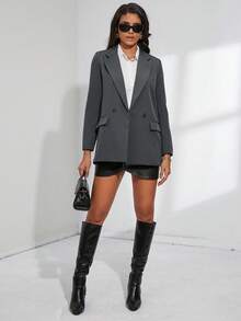 Aveloria Modichic Áo blazer nữ thanh lịch, màu trơn, cổ bẻ, hai hàng cúc, thích hợp cho công sở, mùa thu. - Màu xám đen - Xem 4