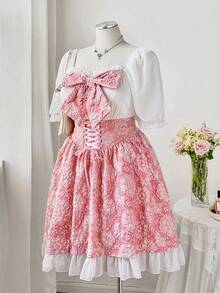 Sweetra Slimming Waist Jacquard Square Neck Short Sleeve Pink Dress - Pink - View 6