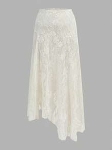 Maija 大码女式半透明蕾丝面料舒适柔软喇叭蕾丝半身裙，优雅百搭，适合所有季节，是秋冬季必备单品，时尚都市休闲商务装，机场、社交派对皆宜。 - 米色 - 查看 9