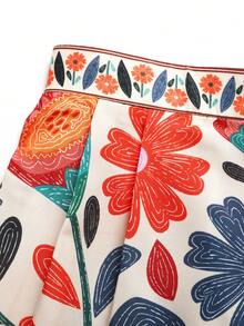 少女热带印花背心裤套装，蝴蝶结装饰无袖上衣 - 橘色 - 查看 6