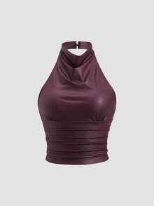 Sweetra Top sin espalda de unicolor con cuello halter, verano - Burdeos - Ver 1