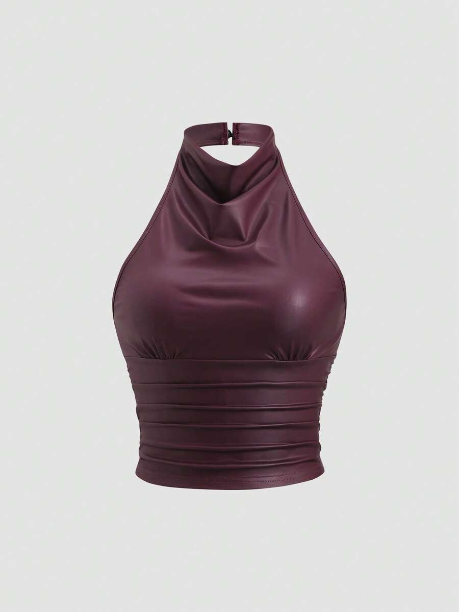 Sweetra Top sin espalda de unicolor con cuello halter, verano - Burdeos - Ver 1