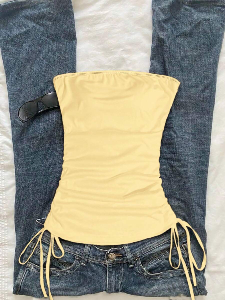 Attitoon Women's Casual Drawstring Tie-Front Cropped Camisole Top - Light Yellow - View 1