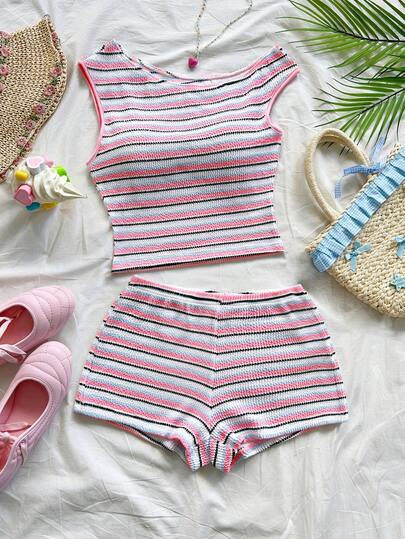 Soleia Women's Vacation Spring/Summer 2-Piece Set: Red & White Striped Knit Crop Top And Super Low-Rise Bodycon Shorts, Suitable For Party, Christmas, Valentine's Day, Date, Beach, Cruise, Carnival, Easter, Chinese New Year 2 Piece Summer Sets Striped Two Piece Set Stripe Set Beach 2 Piece Set,Island Vacation Outfit,Music Festival Outfit,Cruise Vacation Outfit,Casual Vacation