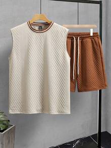 Manfinity Homme Men's Knitted Jacquard Textured Solid Color Ribbed Tank Top Set - Khaki - View 1