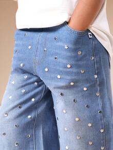 SUMWON 铆钉阔腿牛仔裤，通体饰以金属装饰，打造休闲街头时尚度假风 - 淺色水洗藍 - 查看 5