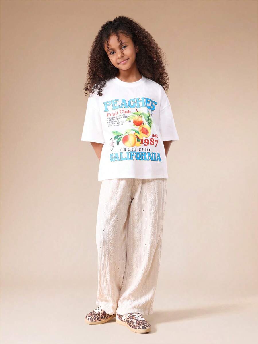 SUMWON Tween Girls Peaches Fruit Club California Graphic Printed T-Shirt Set With Wide Leg Pants Summer Casual Outfit - White - View 1