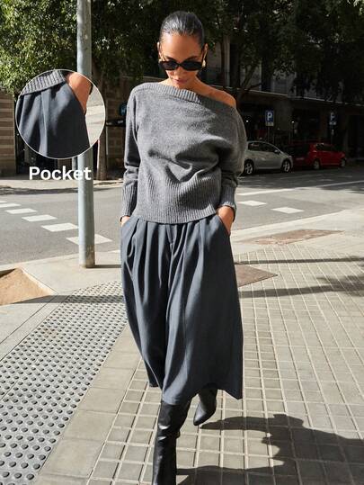 Maija 女士褶裥搭扣宽松七分裤，深灰色，秋冬款