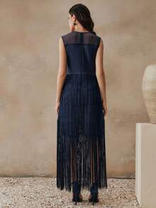 Anewsta Đầm dài dáng ôm không tay cổ tròn, nhiều lớp, bất đối xứng, đính tua rua, dành cho nữ, thích hợp cho kỳ nghỉ và tiệc bãi biển. - Màu xanh hải quân - Xem 7