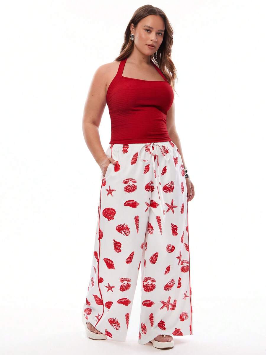 Solavibe Women Plus Size Red And White Summer Casual 2 Piece Set,Halter Neck Solid Top & Loose Wide Leg Pants With Waist Tie,Holiday Beach Vacation Outfit - Red and White - View 1