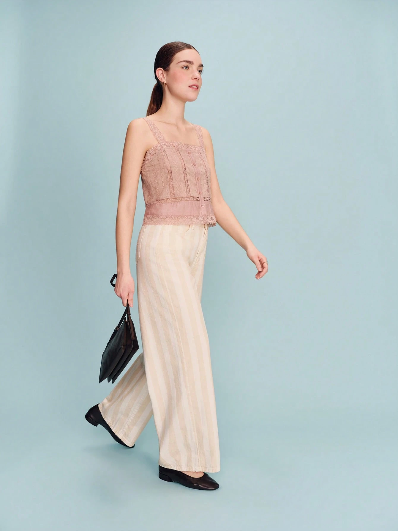 Dusty Pink Cropped Camisole With V-Neckline, Front Buttons, And Delicate Lace Detailing Spring Summer Vacation French Style Parisian Style