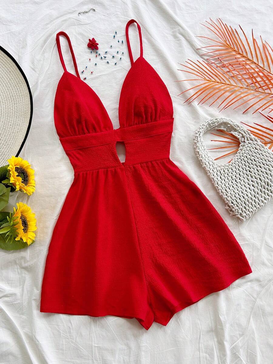 Soleia Women's Summer Vacation Solid Color Casual Jumpsuit - Red - View 1