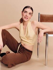 lacRébo Yellow Floral Wrap Crop Top With Open Back Cute Vintage Spring Summer Holiday Top French Style - Yellow - View 3
