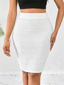 SHEIN Lady 女士纯色纹理面料修身简约设计百搭半身裙 - 米色 - 查看 6