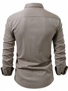 Manfinity Mode 男士时尚商务休闲印花条纹长袖衬衫，秋季款 - 卡其色 - 查看 2