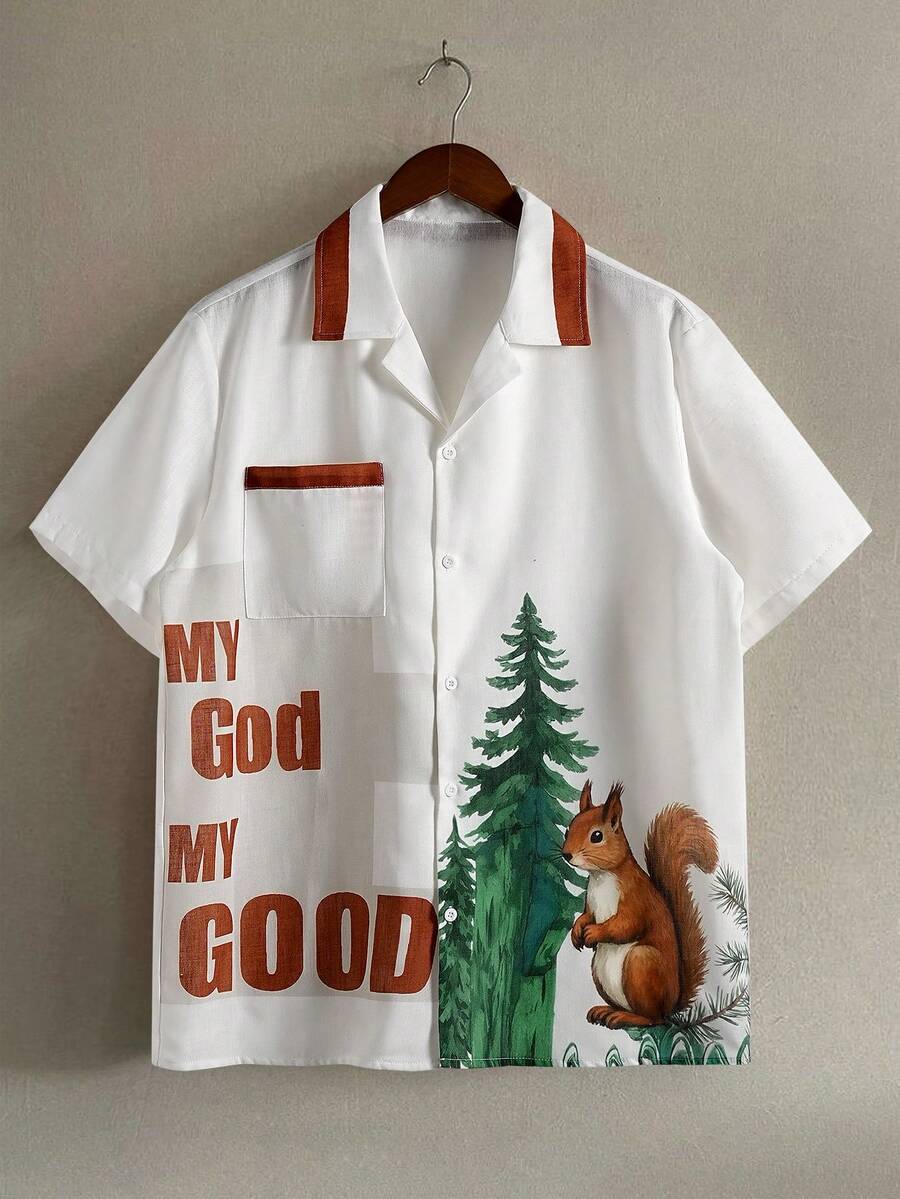 Manfinity Hypemode 男士春夏亚麻质感印花短袖休闲衬衫，年轻度假衬衫 - 白色 - 查看 1