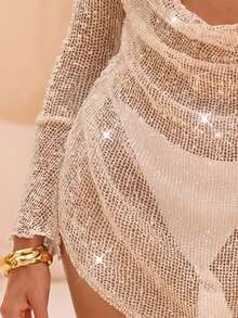 Swim Chiccia Women's Fashionable Mesh Sequin Draped Neck Flare Sleeve Sheer Coverup, Slimming Sexy Beach Vacation Party Trending - Apricot - View 4