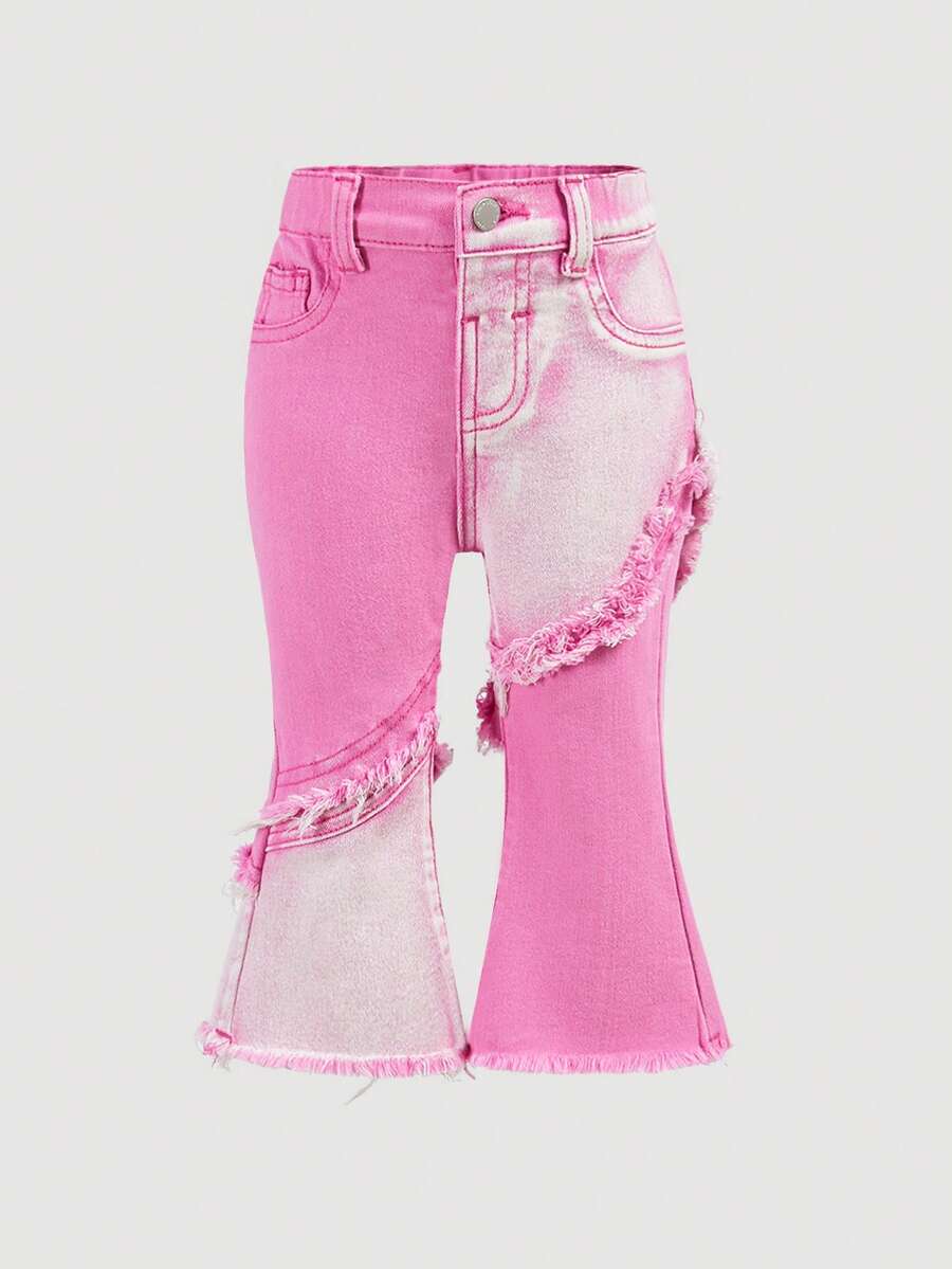 SHEIN Quần ống loe co giãn màu xanh denim cho bé gái, trang phục thường ngày phong cách boho cho bé gái mùa xuân và hè, trang phục đường phố phương Tây cho bé gái. - Hồng - Xem 1
