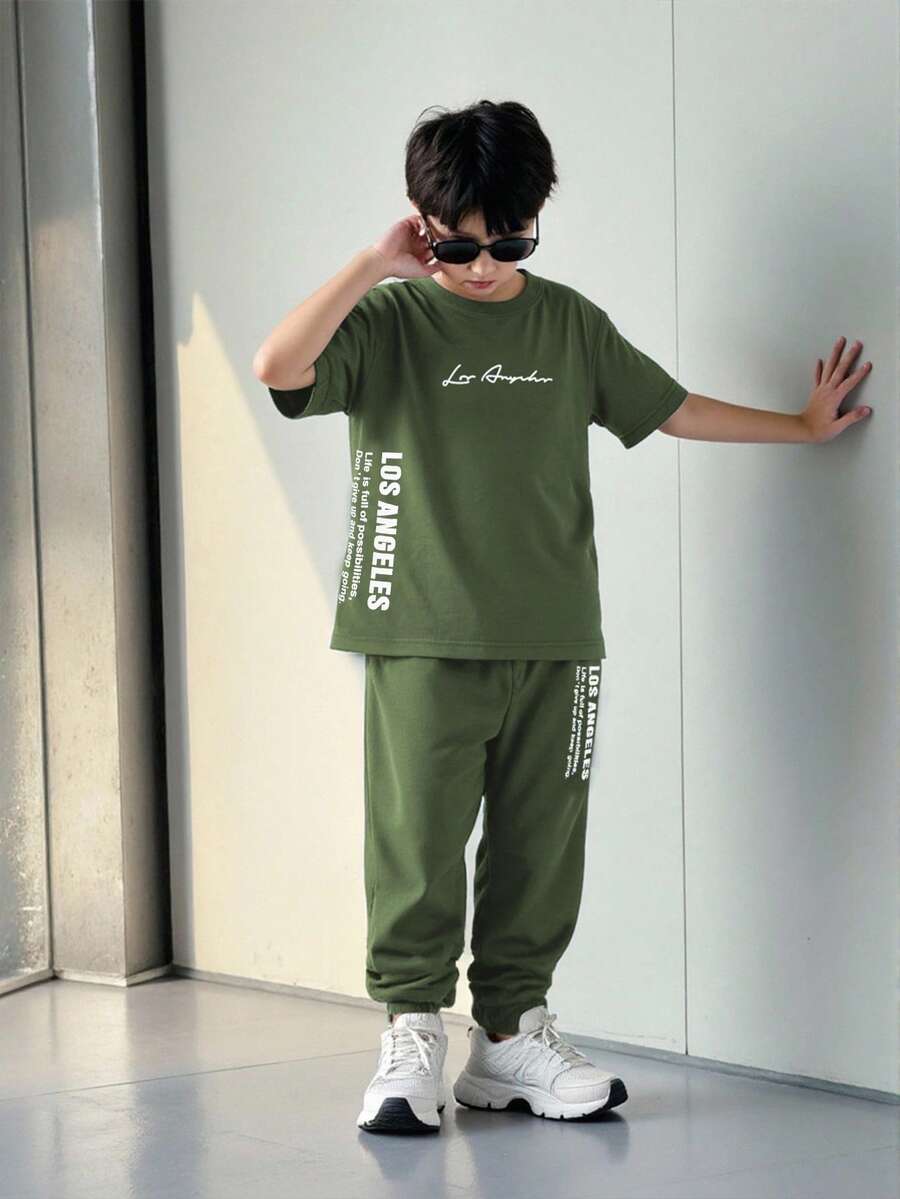SHEIN Mirajuku Tween Boys' Simple Printed Round Neck Short Sleeve Top And Long Pants 2pcs Outfit - Army Green - View 1