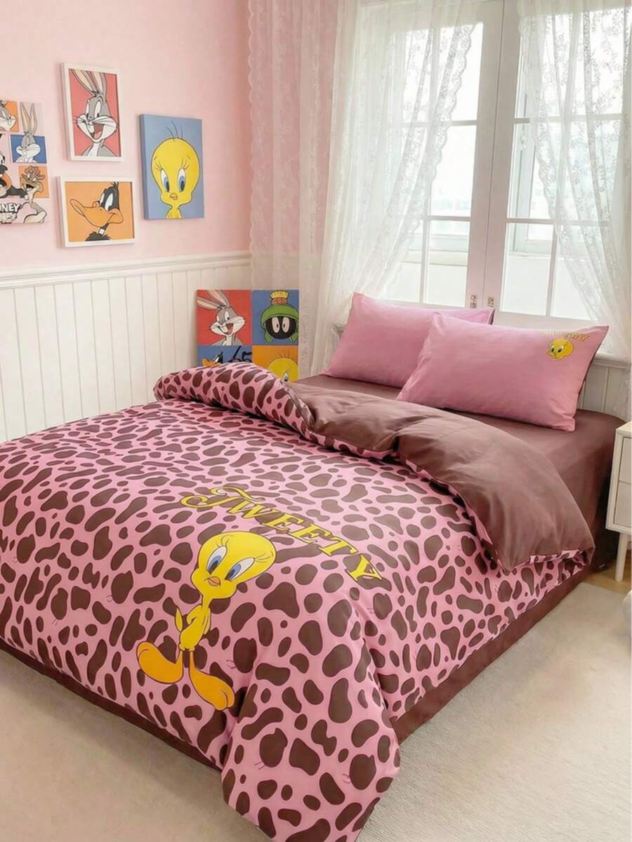LOONEY TUNES X Joivida Cartoon Bedding Set (3 Pieces) – 1 Duvet Cover + 2 Pillowcases (Inserts Not Included), 100% Polyester, Machine Washable - Pink - View 1