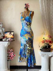 Arcane Artistry Digital All-Over Print Fitted Camisole Dress, Vacation Style - Multicolor - View 3