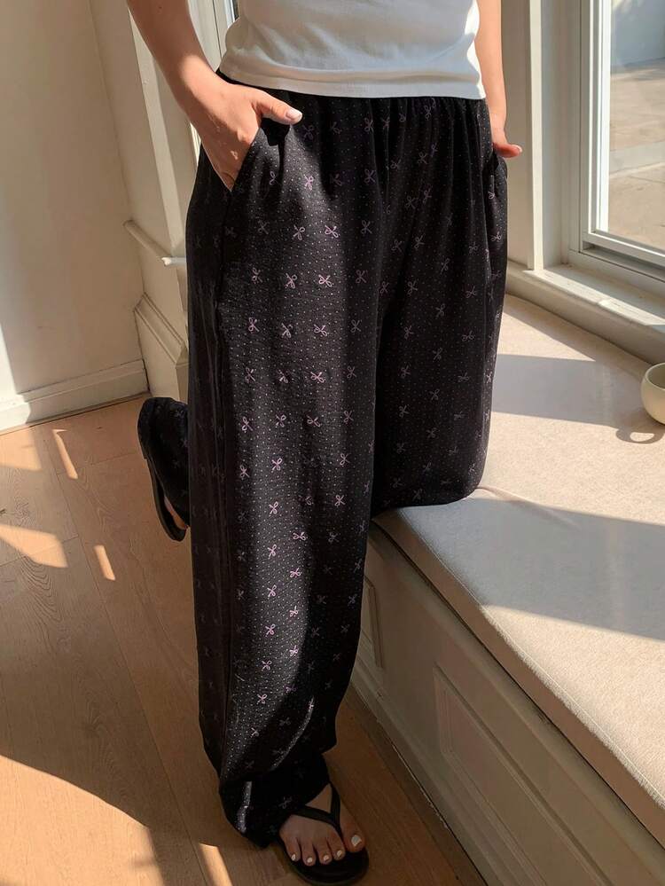 Dazy Plus Plus Size Polka Dot Bow Print Pajama Bottoms