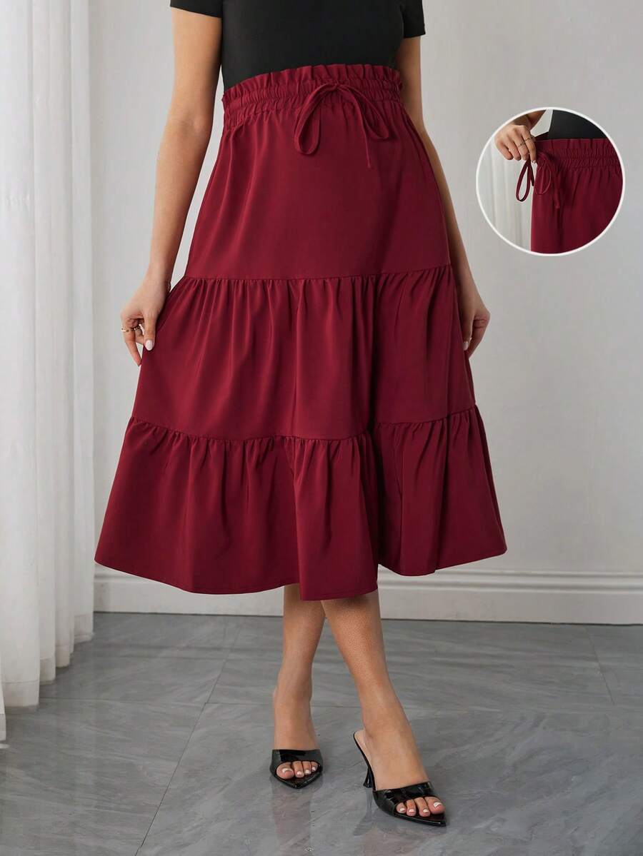 Maternity Bowknot Front Drawstring Waist A-Line Layered Skirt - Burgundy - View 1