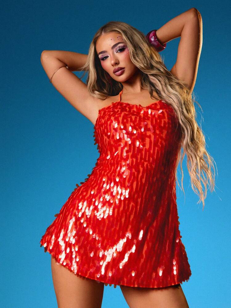 MISSGUIDED Sparkly Sequin Halter Mini Dress Backless Party Club Night Bodycon Holiday